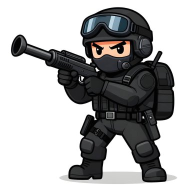 Tam teçhizatlı, savaş silahı olan güçlü bir özel kuvvet askeri. Çizgi film maskotu, illüstrasyon, temiz çizgiler, düz tasarım, modern, yüksek kalite resim.