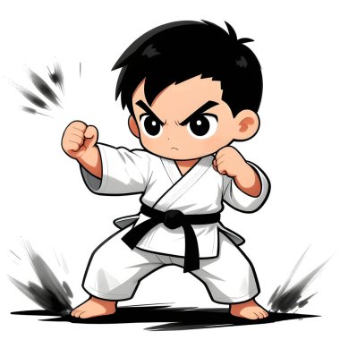 Beyaz arka planda karate kimonolu küçük bebek. Dövüş sanatları, karate, judo, çocukluğundan beri spor ve disiplinin ikonu. Uzayı kopyala Yaratıcı kalite resim