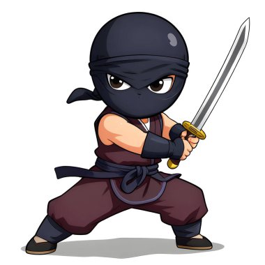 NINJA genç dövüşçü, grafik stili, geleneksel renkli elbise, dövüş pozu. Yüksek kaliteli resim