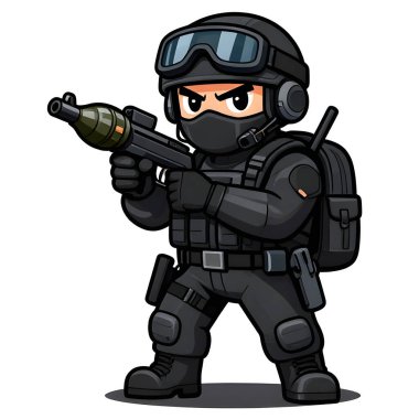 Tam teçhizatlı, savaş silahı olan güçlü bir özel kuvvet askeri. Çizgi film maskotu, illüstrasyon, temiz çizgiler, düz tasarım, modern, yüksek kalite resim.