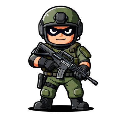 Tam teçhizatlı, savaş silahı olan güçlü bir özel kuvvet askeri. Çizgi film maskotu, illüstrasyon, temiz çizgiler, düz tasarım, modern, yüksek kalite resim.