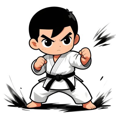 Beyaz arka planda karate kimonolu küçük bebek. Dövüş sanatları, karate, judo, çocukluğundan beri spor ve disiplinin ikonu. Uzayı kopyala Yaratıcı kalite resim