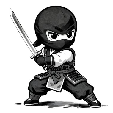 NINJA genç dövüşçü, grafik stili, geleneksel renkli elbise, dövüş pozu. Yüksek kaliteli resim