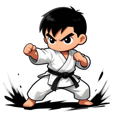 Beyaz arka planda karate kimonolu küçük bebek. Dövüş sanatları, karate, judo, çocukluğundan beri spor ve disiplinin ikonu. Uzayı kopyala Yaratıcı kalite resim