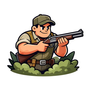 Tüfekli iri yarı bir avcı. Avcı kıyafetleri giymişti. Çizgi film maskotu, illüstrasyon, temiz çizgiler, düz tasarım, modern, yüksek kalite.