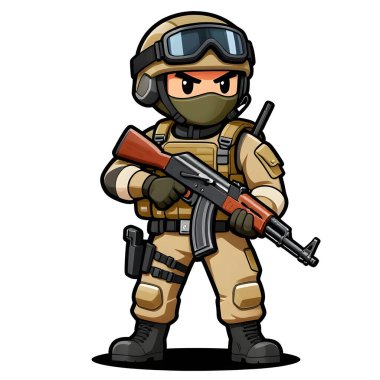 Tam teçhizatlı, savaş silahı olan güçlü bir özel kuvvet askeri. Çizgi film maskotu, illüstrasyon, temiz çizgiler, düz tasarım, modern, yüksek kalite resim.