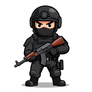 Tam teçhizatlı, savaş silahı olan güçlü bir özel kuvvet askeri. Çizgi film maskotu, illüstrasyon, temiz çizgiler, düz tasarım, modern, yüksek kalite resim.