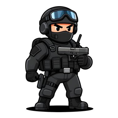 Tam teçhizatlı, savaş silahı olan güçlü bir özel kuvvet askeri. Çizgi film maskotu, illüstrasyon, temiz çizgiler, düz tasarım, modern, yüksek kalite resim.