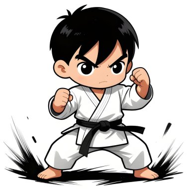 Beyaz arka planda karate kimonolu küçük bebek. Dövüş sanatları, karate, judo, çocukluğundan beri spor ve disiplinin ikonu. Uzayı kopyala Yaratıcı kalite resim