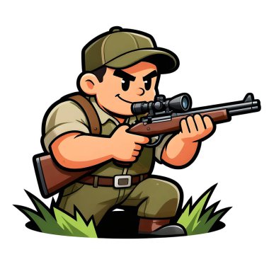 Tüfekli iri yarı bir avcı. Avcı kıyafetleri giymişti. Çizgi film maskotu, illüstrasyon, temiz çizgiler, düz tasarım, modern, yüksek kalite.