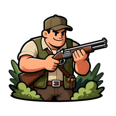 Tüfekli iri yarı bir avcı. Avcı kıyafetleri giymişti. Çizgi film maskotu, illüstrasyon, temiz çizgiler, düz tasarım, modern, yüksek kalite.