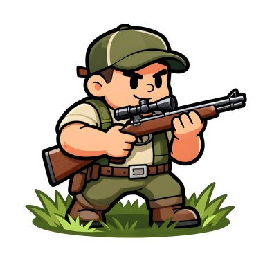 Tüfekli iri yarı bir avcı. Avcı kıyafetleri giymişti. Çizgi film maskotu, illüstrasyon, temiz çizgiler, düz tasarım, modern, yüksek kalite.