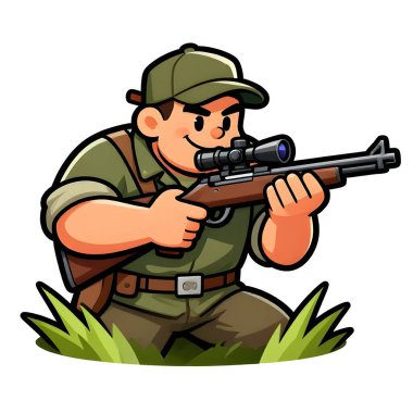 Tüfekli iri yarı bir avcı. Avcı kıyafetleri giymişti. Çizgi film maskotu, illüstrasyon, temiz çizgiler, düz tasarım, modern, yüksek kalite.