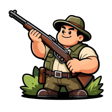 Tüfekli iri yarı bir avcı. Avcı kıyafetleri giymişti. Çizgi film maskotu, illüstrasyon, temiz çizgiler, düz tasarım, modern, yüksek kalite.
