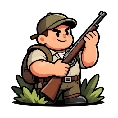 Tüfekli iri yarı bir avcı. Avcı kıyafetleri giymişti. Çizgi film maskotu, illüstrasyon, temiz çizgiler, düz tasarım, modern, yüksek kalite.