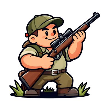 Tüfekli iri yarı bir avcı. Avcı kıyafetleri giymişti. Çizgi film maskotu, illüstrasyon, temiz çizgiler, düz tasarım, modern, yüksek kalite.