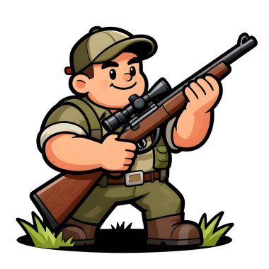 Tüfekli iri yarı bir avcı. Avcı kıyafetleri giymişti. Çizgi film maskotu, illüstrasyon, temiz çizgiler, düz tasarım, modern, yüksek kalite.