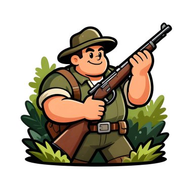 Tüfekli iri yarı bir avcı. Avcı kıyafetleri giymişti. Çizgi film maskotu, illüstrasyon, temiz çizgiler, düz tasarım, modern, yüksek kalite.