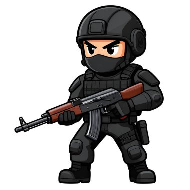 Tam teçhizatlı, savaş silahı olan güçlü bir özel kuvvet askeri. Çizgi film maskotu, illüstrasyon, temiz çizgiler, düz tasarım, modern, yüksek kalite resim.