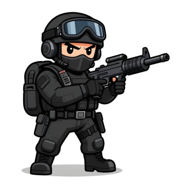 Tam teçhizatlı, savaş silahı olan güçlü bir özel kuvvet askeri. Çizgi film maskotu, illüstrasyon, temiz çizgiler, düz tasarım, modern, yüksek kalite resim.
