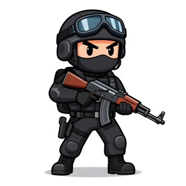 Tam teçhizatlı, savaş silahı olan güçlü bir özel kuvvet askeri. Çizgi film maskotu, illüstrasyon, temiz çizgiler, düz tasarım, modern, yüksek kalite resim.