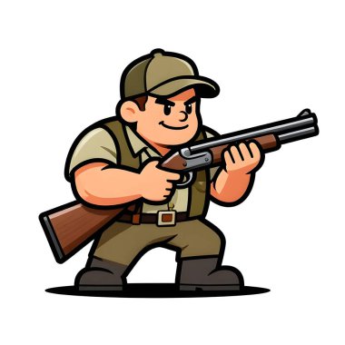 Tüfekli iri yarı bir avcı. Avcı kıyafetleri giymişti. Çizgi film maskotu, illüstrasyon, temiz çizgiler, düz tasarım, modern, yüksek kalite.