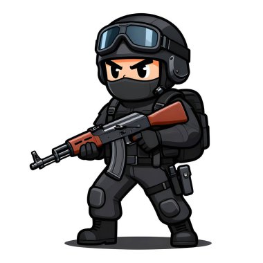 Tam teçhizatlı, savaş silahı olan güçlü bir özel kuvvet askeri. Çizgi film maskotu, illüstrasyon, temiz çizgiler, düz tasarım, modern, yüksek kalite resim.