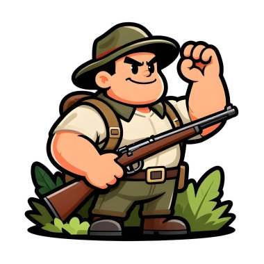 Tüfekli iri yarı bir avcı. Avcı kıyafetleri giymişti. Çizgi film maskotu, illüstrasyon, temiz çizgiler, düz tasarım, modern, yüksek kalite.