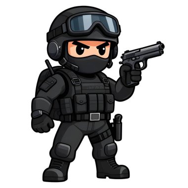 Tam teçhizatlı, savaş silahı olan güçlü bir özel kuvvet askeri. Çizgi film maskotu, illüstrasyon, temiz çizgiler, düz tasarım, modern, yüksek kalite resim.
