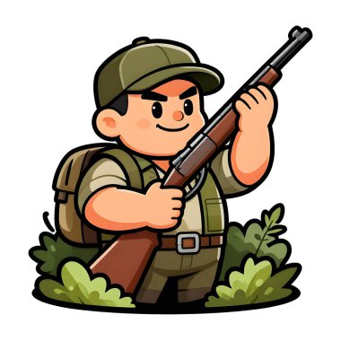 Tüfekli iri yarı bir avcı. Avcı kıyafetleri giymişti. Çizgi film maskotu, illüstrasyon, temiz çizgiler, düz tasarım, modern, yüksek kalite.