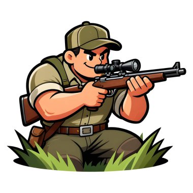 Tüfekli iri yarı bir avcı. Avcı kıyafetleri giymişti. Çizgi film maskotu, illüstrasyon, temiz çizgiler, düz tasarım, modern, yüksek kalite.