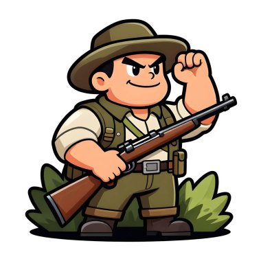 Tüfekli iri yarı bir avcı. Avcı kıyafetleri giymişti. Çizgi film maskotu, illüstrasyon, temiz çizgiler, düz tasarım, modern, yüksek kalite.
