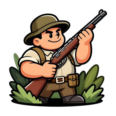 Tüfekli iri yarı bir avcı. Avcı kıyafetleri giymişti. Çizgi film maskotu, illüstrasyon, temiz çizgiler, düz tasarım, modern, yüksek kalite.
