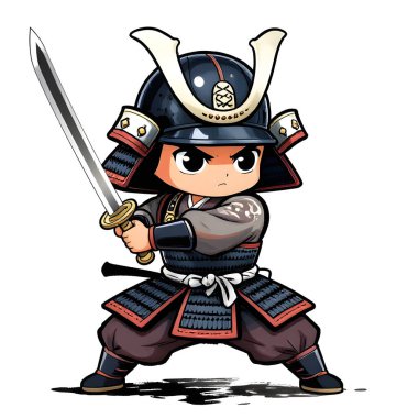 SAMURAI genç dövüşçü, grafik stili, geleneksel renkli elbise, dövüş pozu. Yüksek kaliteli resim