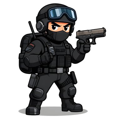 Muharebe silahı olan sağlam bir özel kuvvet askeri. Çizgi film maskotu, illüstrasyon, temiz çizgiler, düz tasarım, modern, yüksek kalite resim.