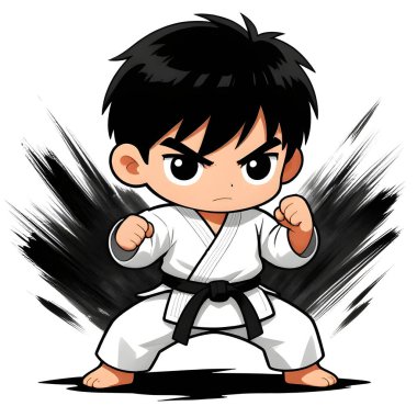 Beyaz arka planda karate kimonolu küçük bebek. Dövüş sanatları, karate, judo, çocukluğundan beri spor ve disiplinin ikonu. Uzayı kopyala Yaratıcı kalite resim