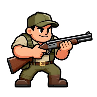 Tüfekli iri yarı bir avcı. Avcı kıyafetleri giymişti. Çizgi film maskotu, illüstrasyon, temiz çizgiler, düz tasarım, modern, yüksek kalite.