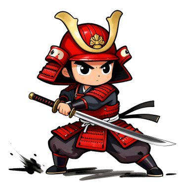 SAMURAI genç dövüşçü, grafik stili, geleneksel renkli elbise, dövüş pozu. Yüksek kaliteli resim