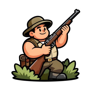 Tüfekli iri yarı bir avcı. Avcı kıyafetleri giymişti. Çizgi film maskotu, illüstrasyon, temiz çizgiler, düz tasarım, modern, yüksek kalite.