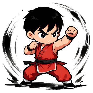 KUN-FU genç dövüşçü, grafik stili, geleneksel renkli elbise, dövüş pozu. Yüksek kaliteli resim