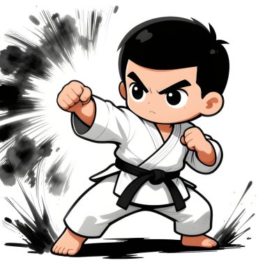 Beyaz arka planda karate kimonolu küçük bebek. Dövüş sanatları, karate, judo, çocukluğundan beri spor ve disiplinin ikonu. Uzayı kopyala Yaratıcı kalite resim