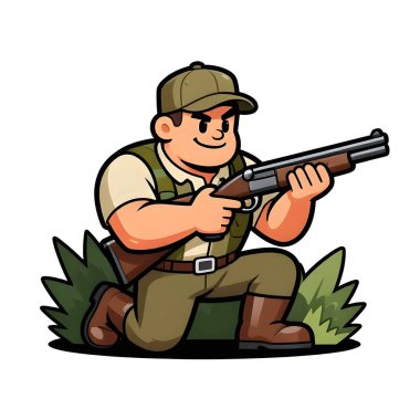Tüfekli iri yarı bir avcı. Avcı kıyafetleri giymişti. Çizgi film maskotu, illüstrasyon, temiz çizgiler, düz tasarım, modern, yüksek kalite.