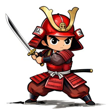 SAMURAI genç dövüşçü, grafik stili, geleneksel renkli elbise, dövüş pozu. Yüksek kaliteli resim