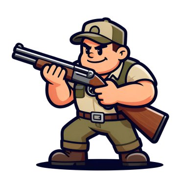 Tüfekli iri yarı bir avcı. Avcı kıyafetleri giymişti. Çizgi film maskotu, illüstrasyon, temiz çizgiler, düz tasarım, modern, yüksek kalite.