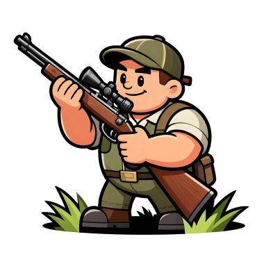 Tüfekli iri yarı bir avcı. Avcı kıyafetleri giymişti. Çizgi film maskotu, illüstrasyon, temiz çizgiler, düz tasarım, modern, yüksek kalite.