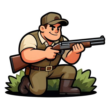 Tüfekli iri yarı bir avcı. Avcı kıyafetleri giymişti. Çizgi film maskotu, illüstrasyon, temiz çizgiler, düz tasarım, modern, yüksek kalite.