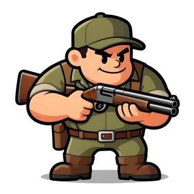 Tüfekli iri yarı bir avcı. Avcı kıyafetleri giymişti. Çizgi film maskotu, illüstrasyon, temiz çizgiler, düz tasarım, modern, yüksek kalite.
