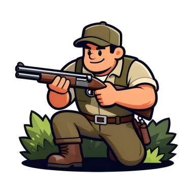 Tüfekli iri yarı bir avcı. Avcı kıyafetleri giymişti. Çizgi film maskotu, illüstrasyon, temiz çizgiler, düz tasarım, modern, yüksek kalite.