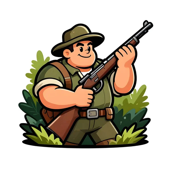 Tüfekli iri yarı bir avcı. Avcı kıyafetleri giymişti. Çizgi film maskotu, illüstrasyon, temiz çizgiler, düz tasarım, modern, yüksek kalite.