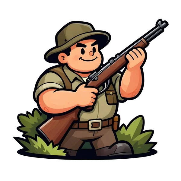 Tüfekli iri yarı bir avcı. Avcı kıyafetleri giymişti. Çizgi film maskotu, illüstrasyon, temiz çizgiler, düz tasarım, modern, yüksek kalite.